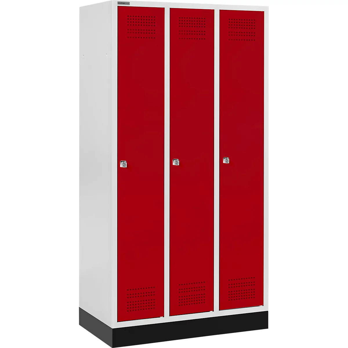 Schäfer Shop Genius Casier de vestiaires sur socle, 3 compartiments, serrure à cylindre, gris clair/rouge
