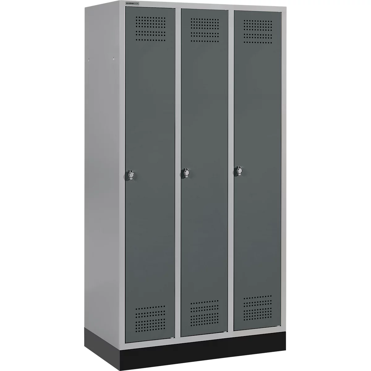 Schäfer Shop Genius Casier de vestiaires sur socle, 3 compartiments, serrure de sécurité à came batteuse, argent clair/anthracite
