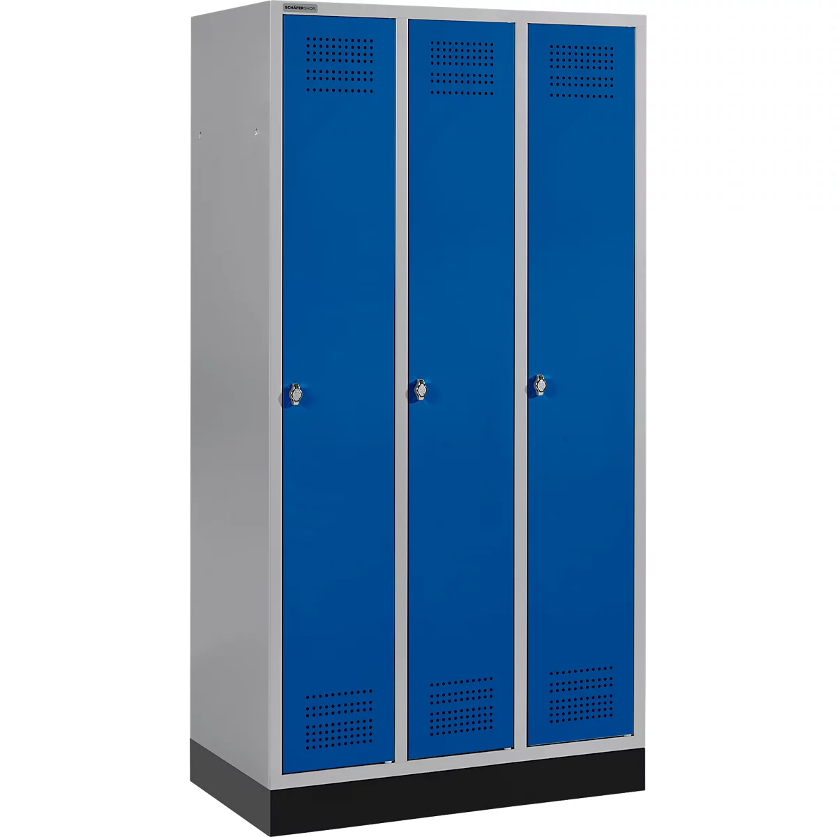Schäfer Shop Genius Casier de vestiaires sur socle, 3 compartiments, serrure de sécurité à came batteuse, argent clair/bleu gentiane
