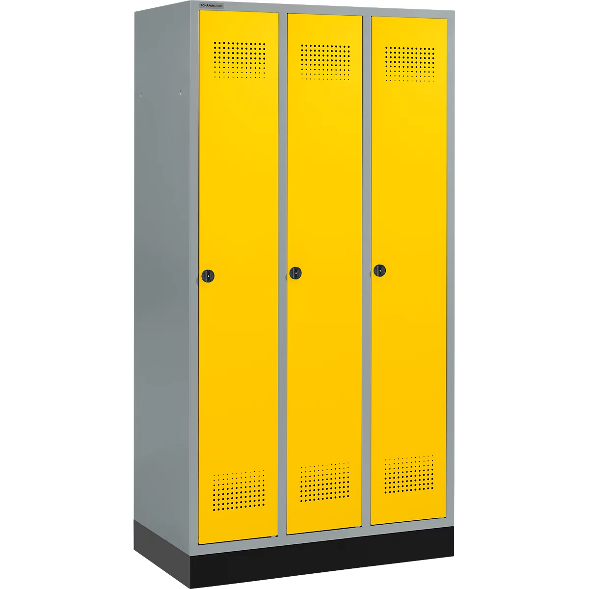 Schäfer Shop Genius Casier de vestiaires sur socle, 3 compartiments, serrure de sécurité à came batteuse, argent clair/jaune