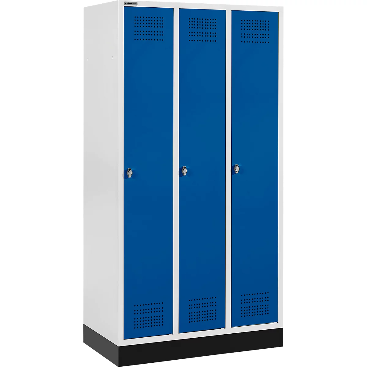 Schäfer Shop Genius Casier de vestiaires sur socle, 3 compartiments, serrure de sécurité à came batteuse, gris clair/bleu gentiane