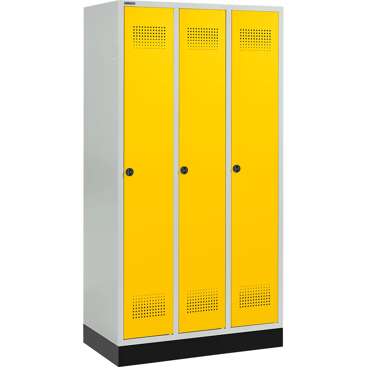 Schäfer Shop Genius Casier de vestiaires sur socle, 3 compartiments, serrure de sécurité à came batteuse, gris clair/jaune