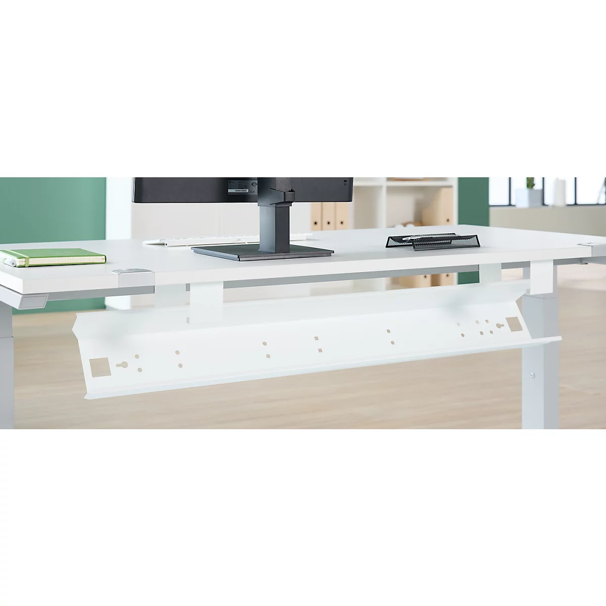 Schäfer Shop Genius Chemin de câbles pour largeur de table 800 mm, rabattable, acier, blanc
