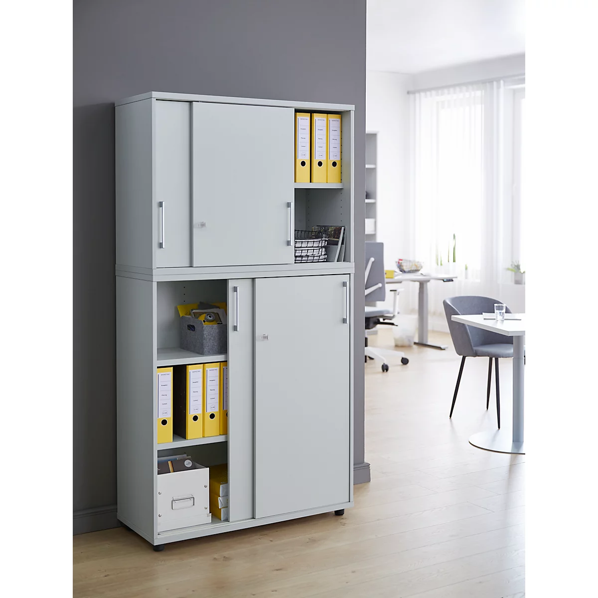Schäfer Shop Genius Combinaison d'armoires TETRIS WOOD, avec 5 hauteurs de dossiers, espace pour jusqu'à 60 dossiers standard, gris clair 