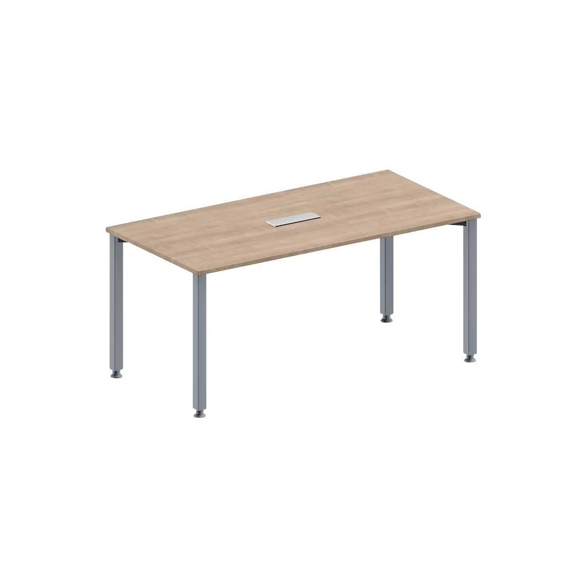 A light-colored rectangular table with gray legs and a silver recess in the middle.