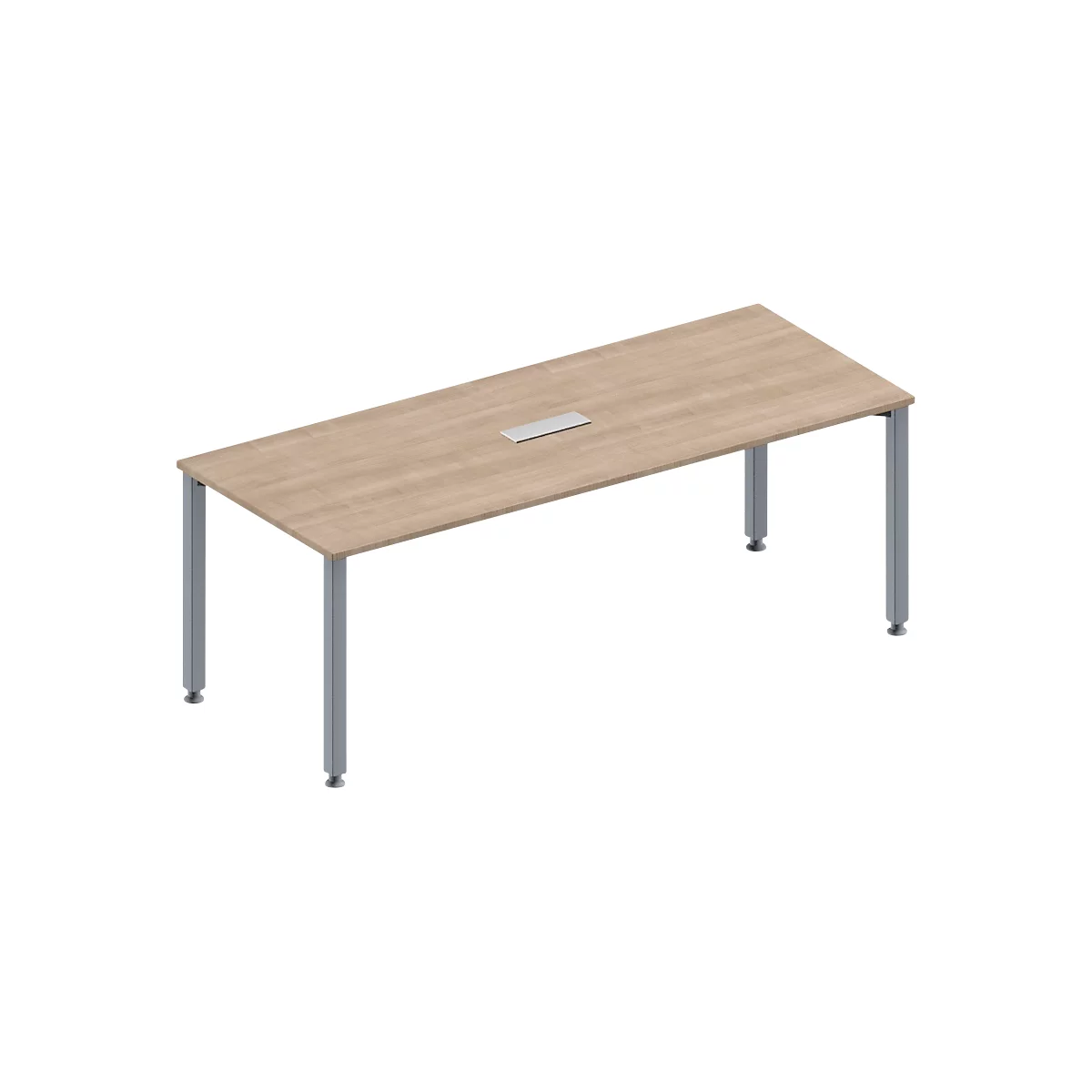A rectangular, light brown conference table with silver legs and a recessed silver plate.