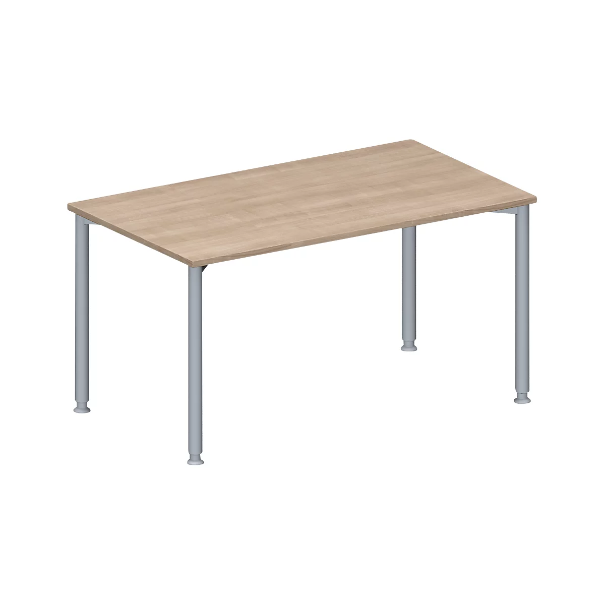 Rectangular table with light wood top and grey legs.