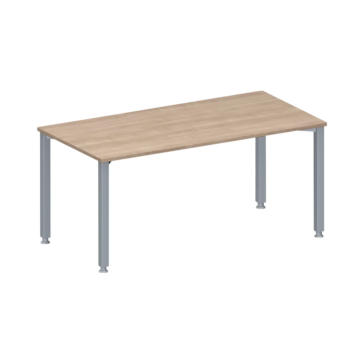 A rectangular table with a light brown wooden top and gray metal legs.
