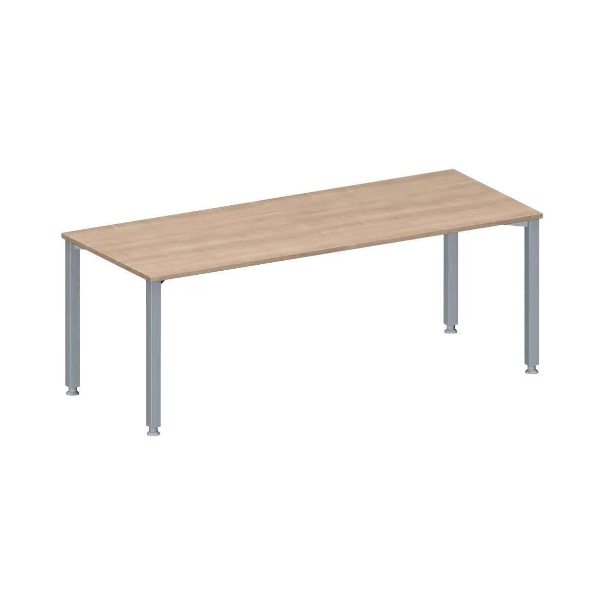 Rectangular table with beige wooden top and silver legs.