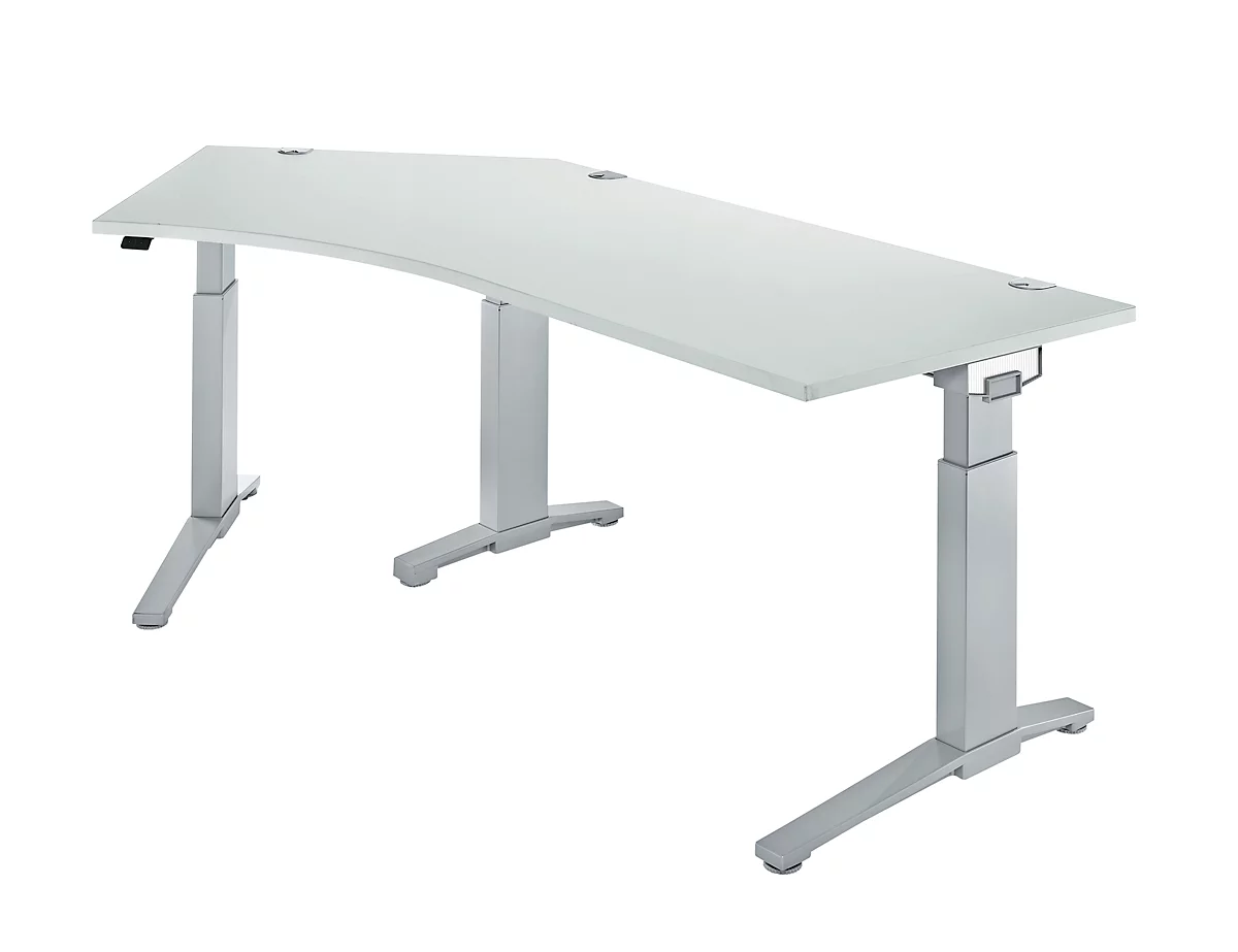 Schäfer Shop Genius desk 135° Planova Ergostyle , fijación a la izquierda, ajuste manual de la altura, ancho 2165 x fondo 800 mm , aluminio gris claro/blanco 