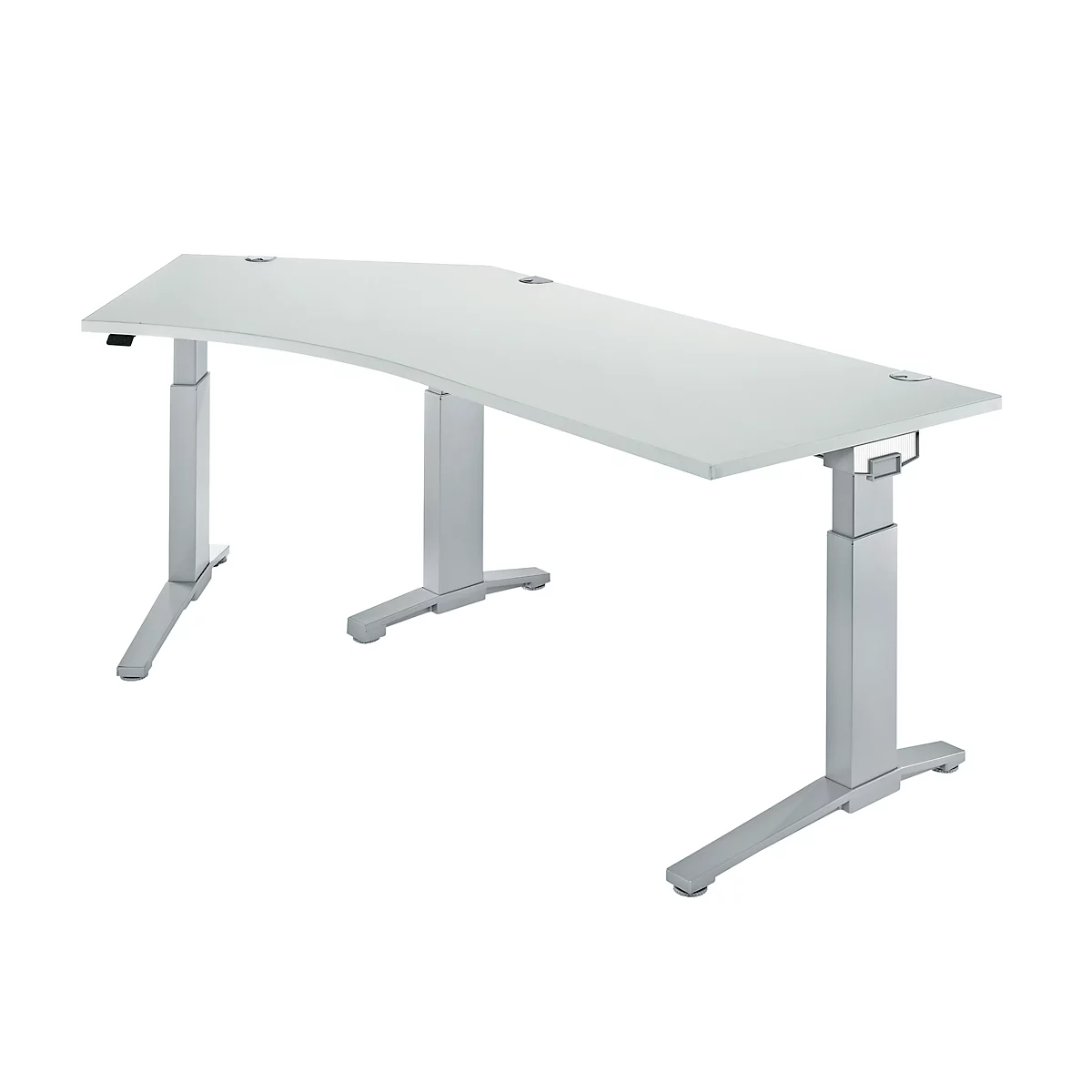 Schäfer Shop Genius desk 135° Planova Ergostyle , fijación a la izquierda, ajuste manual de la altura, ancho 2165 x fondo 800 mm , aluminio gris claro/blanco 