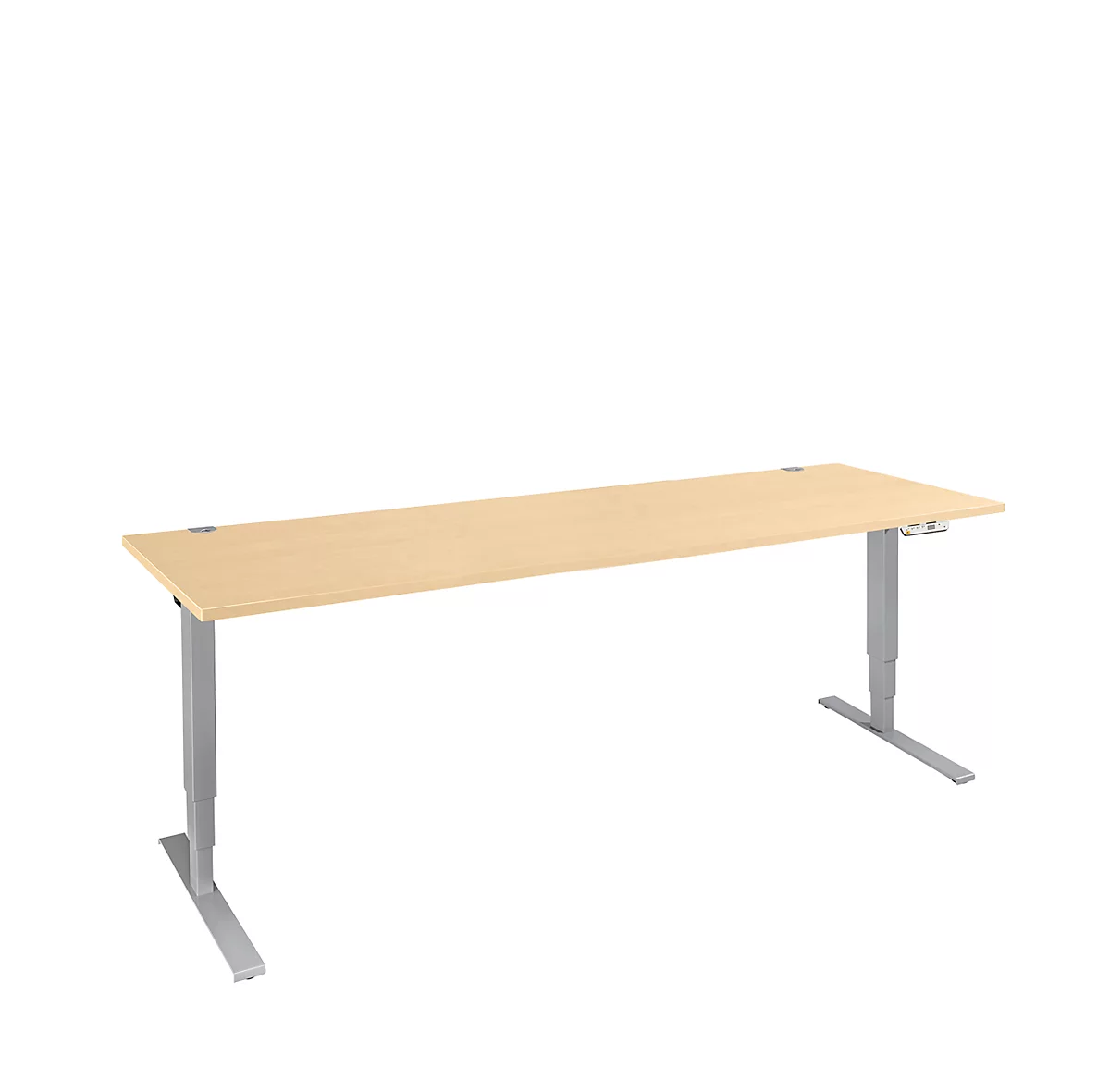 Schäfer Shop Genius desk AERO FLEX, 1 paso, con patas en C, ancho 2000 x fondo 800 x alto 700-1200 mm, con panel de control, decoración de arce