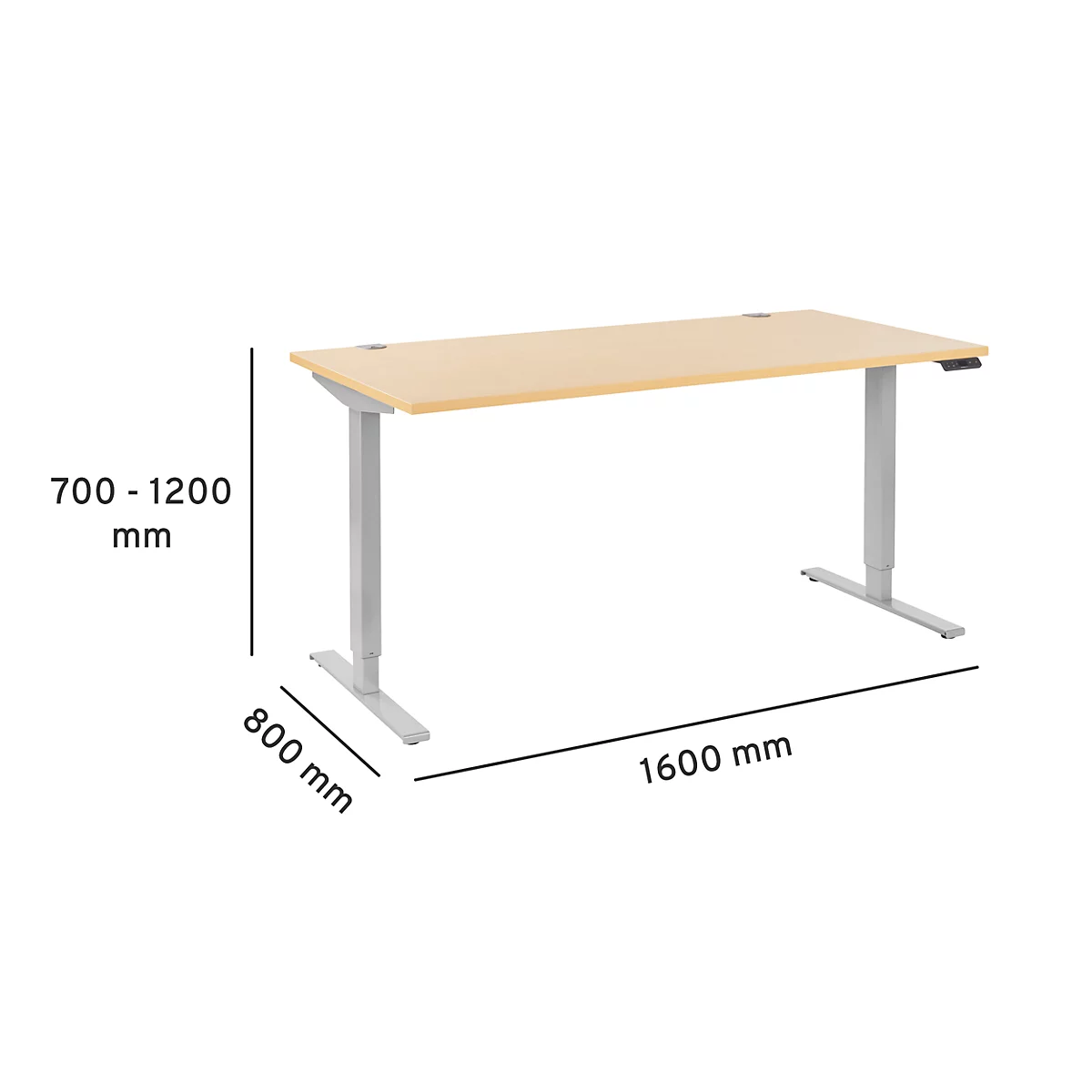 Schäfer Shop Genius desk AERO FLEX, 1 paso, pie C, ancho 1600 x fondo 800 x alto 700-1200 mm, con panel de control, decoración de arce