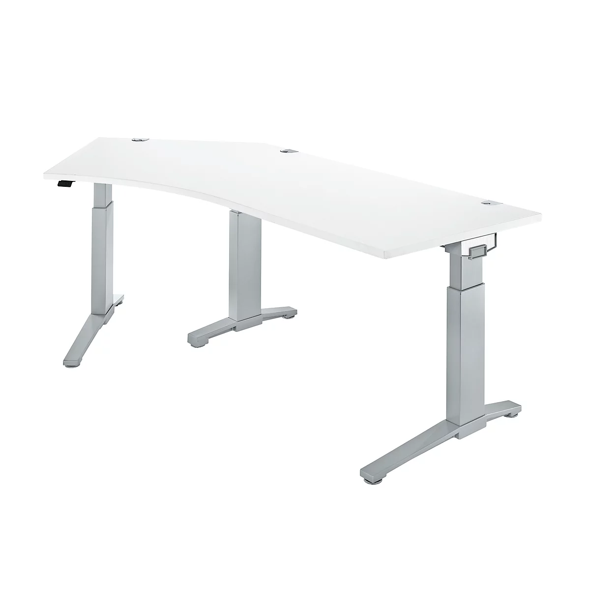 White, height-adjustable desk with silver legs, against a white background.