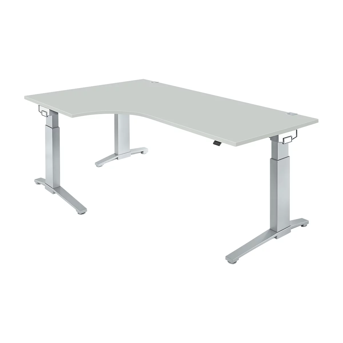 A white, height-adjustable corner desk with silver legs. A control panel for height adjustment is visible on the tabletop.
