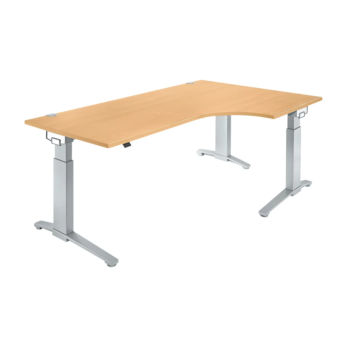 A wooden corner desk with metallic, height-adjustable legs. The tabletop is light brown, the legs are silver grey.