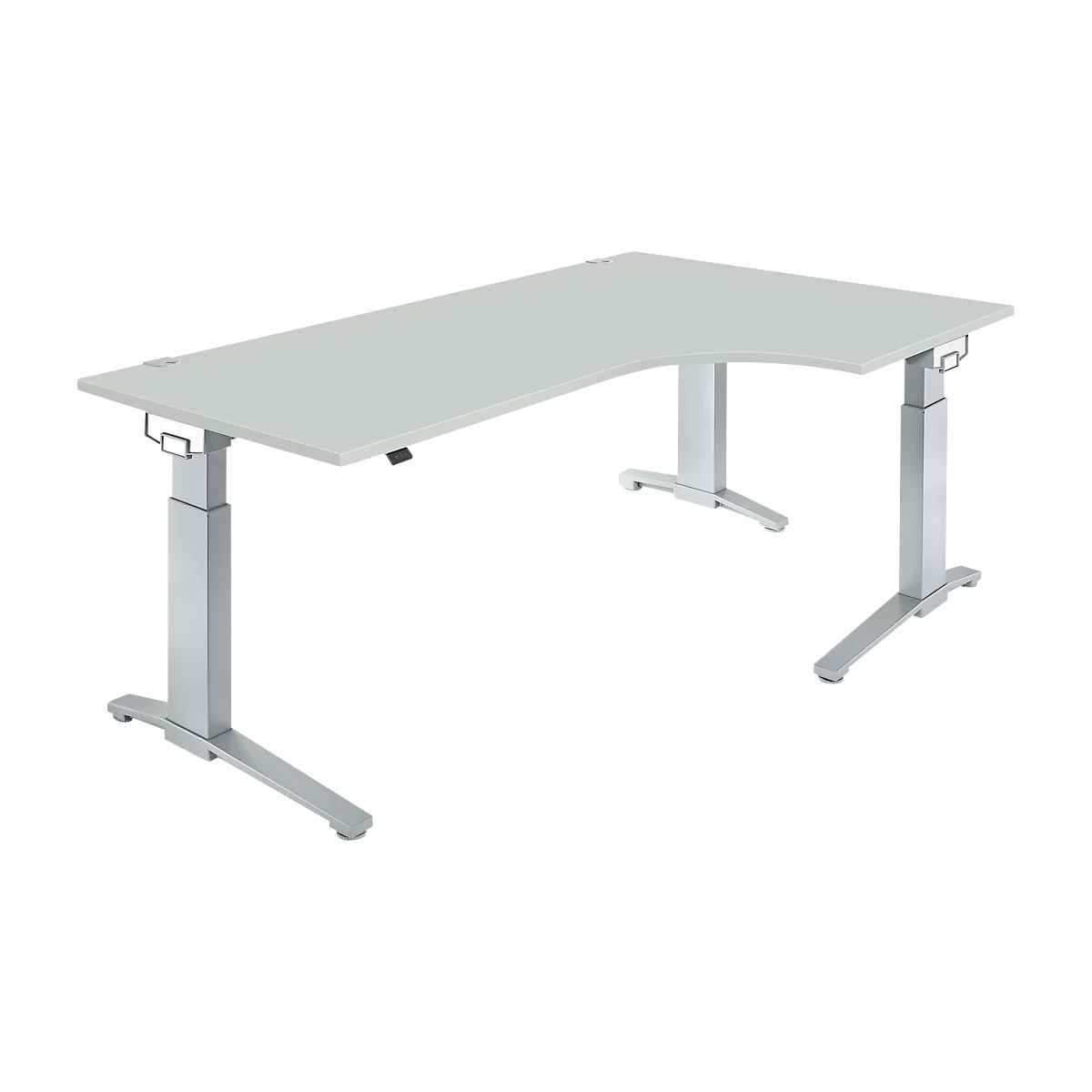 Gray, height-adjustable corner desk, with metal legs on the left and right.