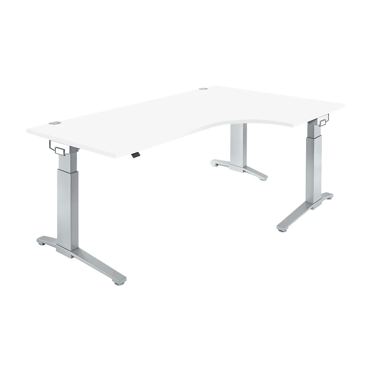 White, height-adjustable corner desk, silver legs, curved edge.