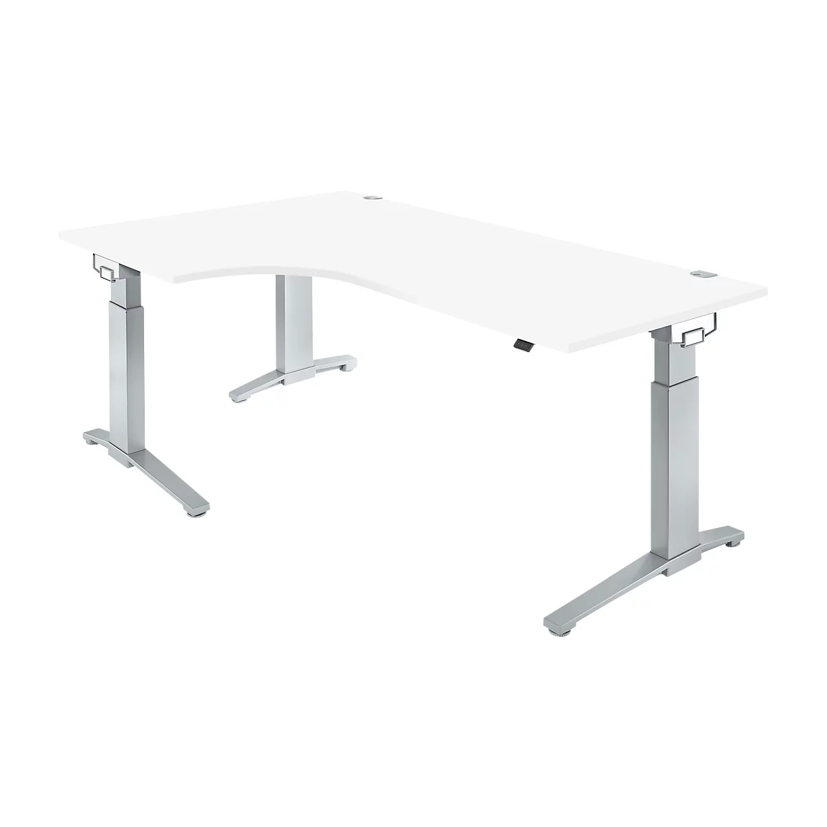 Corner desk, white, height adjustable, silver legs.