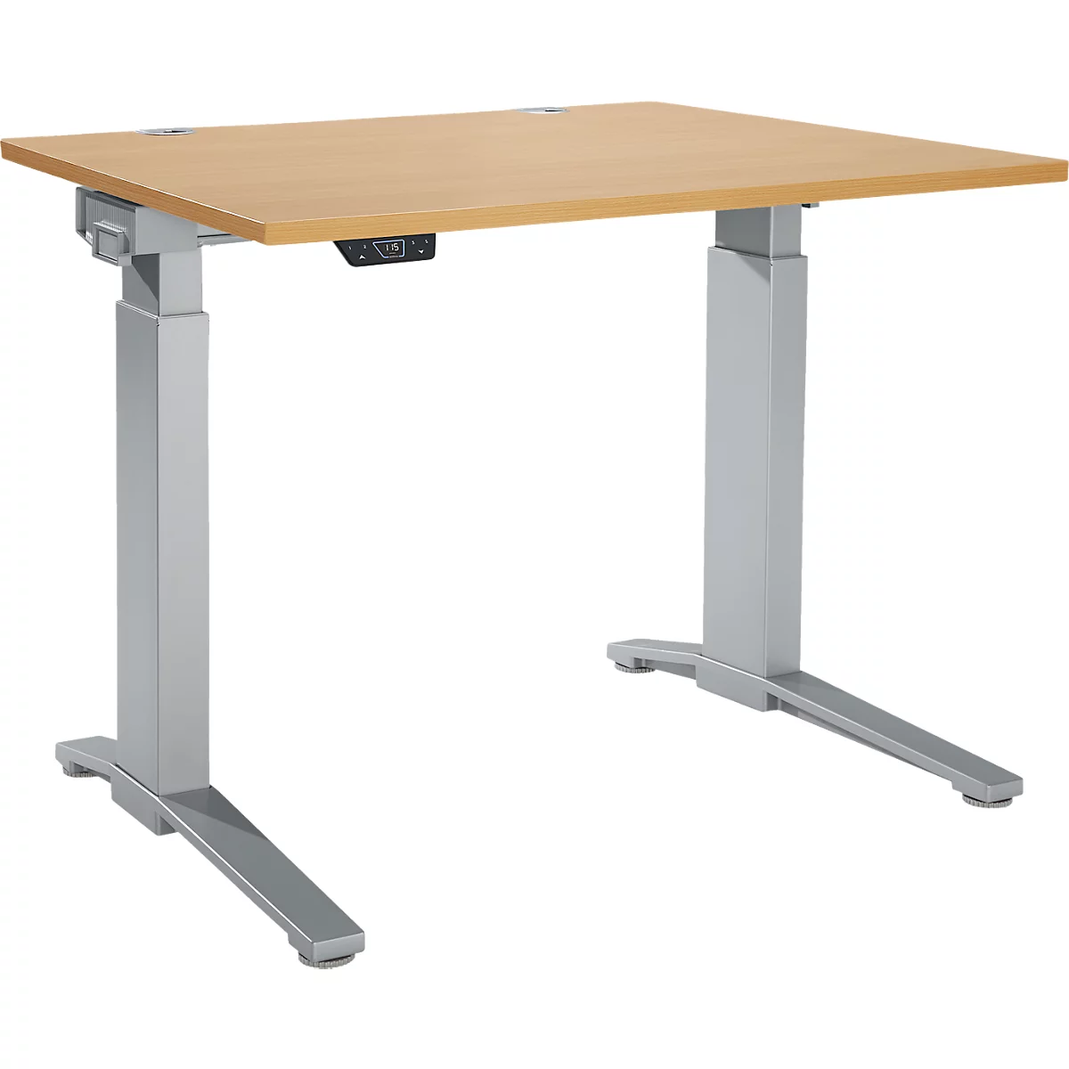 Height-adjustable desk with a light brown tabletop and silver legs. Control panel under the table.