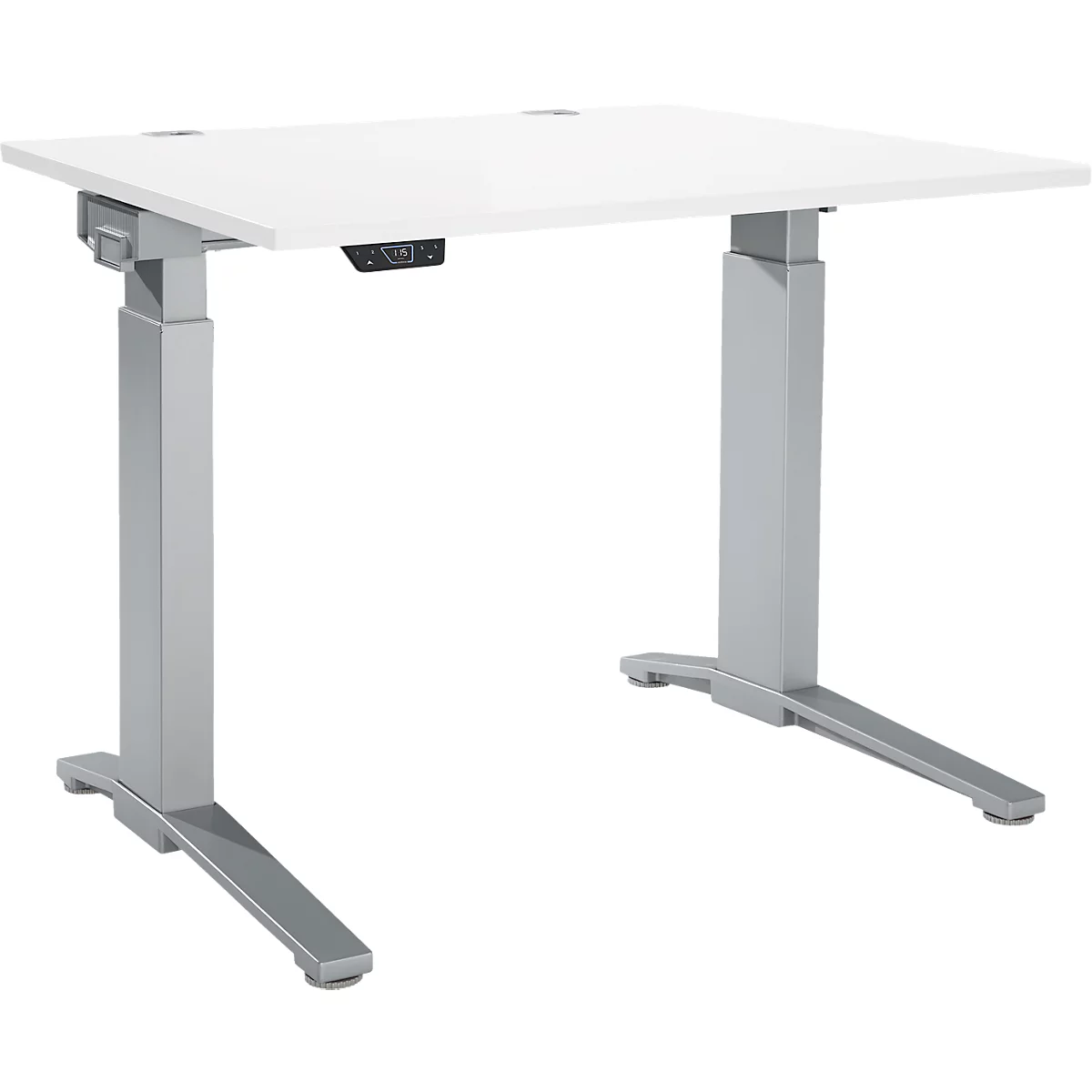 White height-adjustable desk against a white background. There is a control unit on the table top.