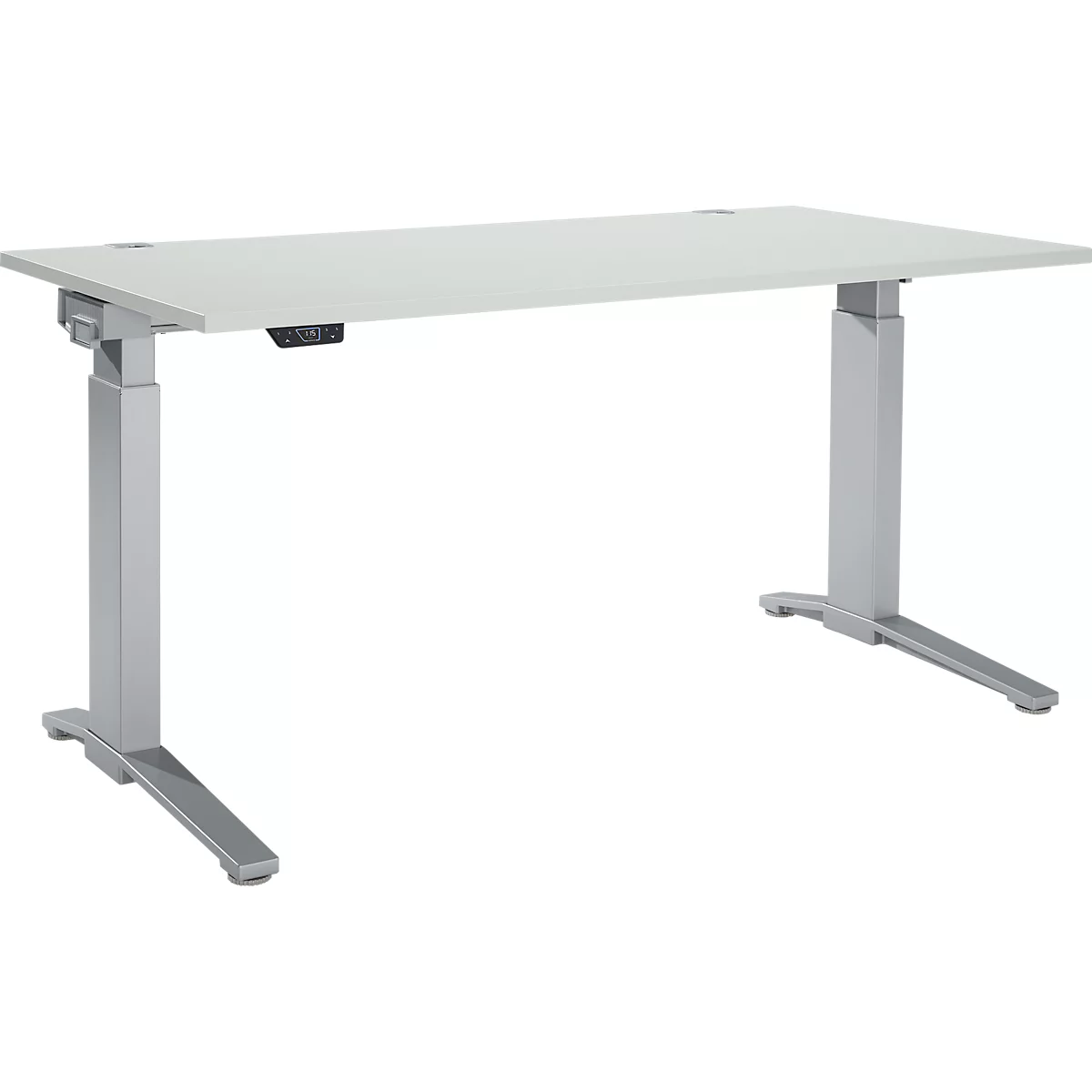 A height-adjustable desk with a white tabletop and gray legs. A control console is on the right side.