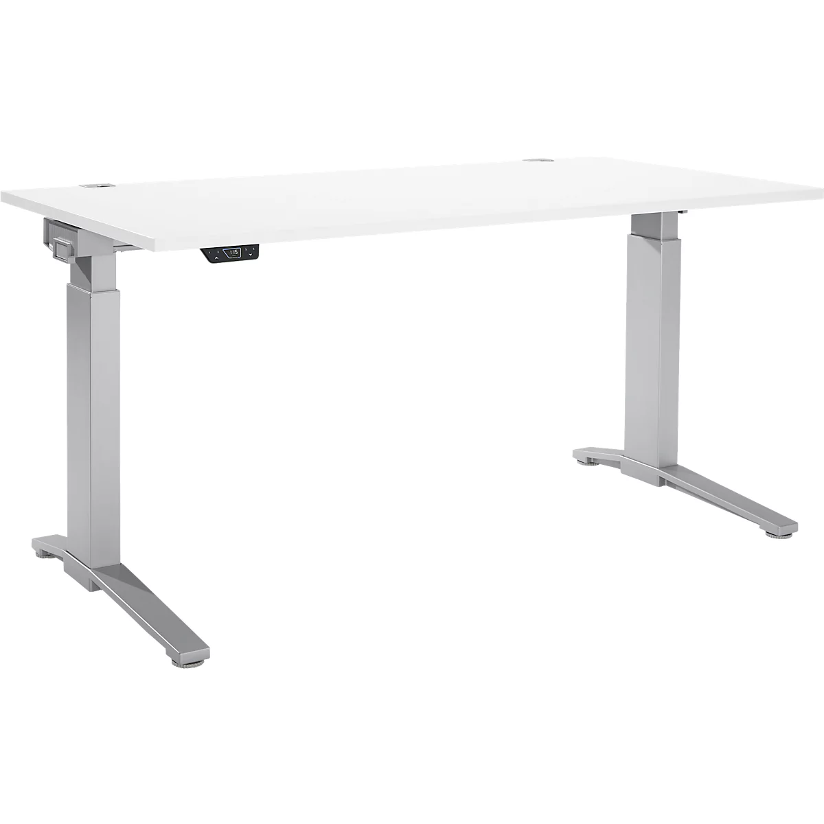 White height-adjustable desk. The table legs are silver.