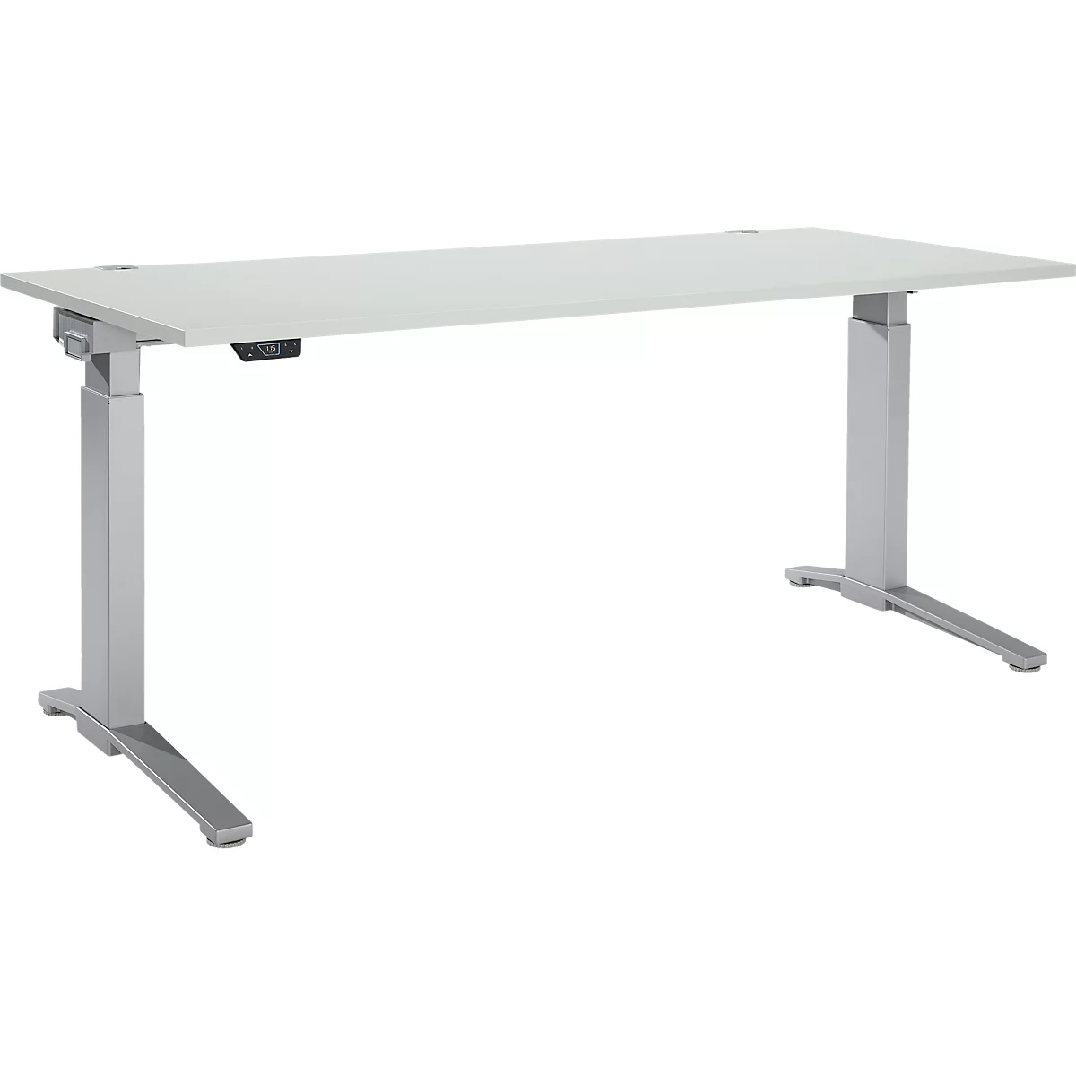 Light gray, height-adjustable desk. The tabletop and the metal legs are consistently gray.