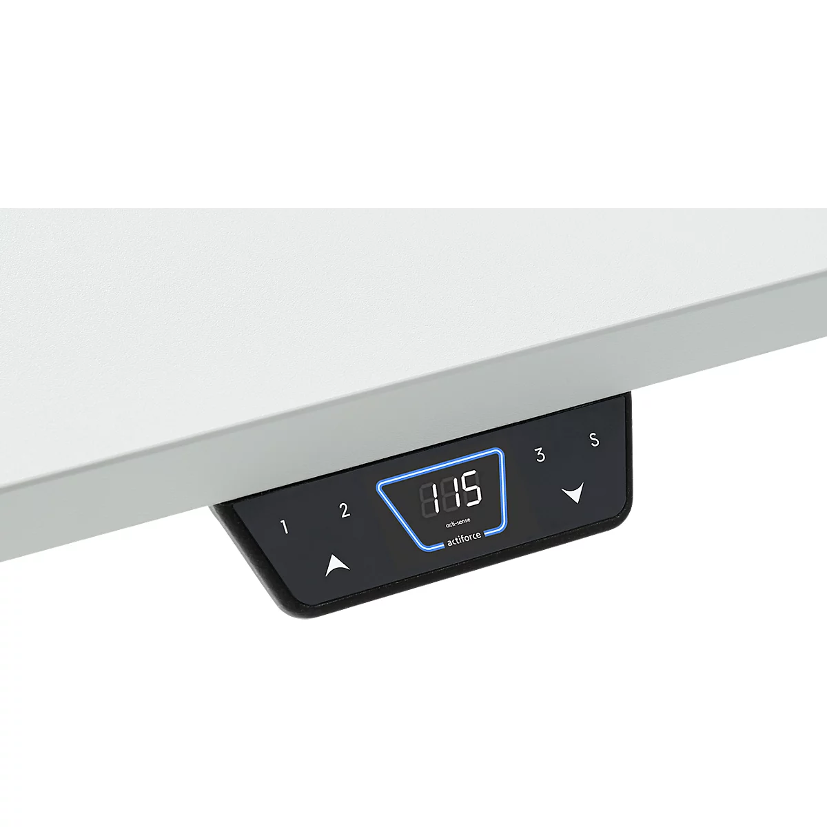 Desk control panel with digital display 1:15, up/down arrow buttons, numbers 1-5.