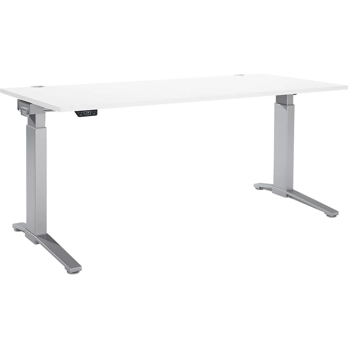 A white height-adjustable desk with silver legs against a white background.