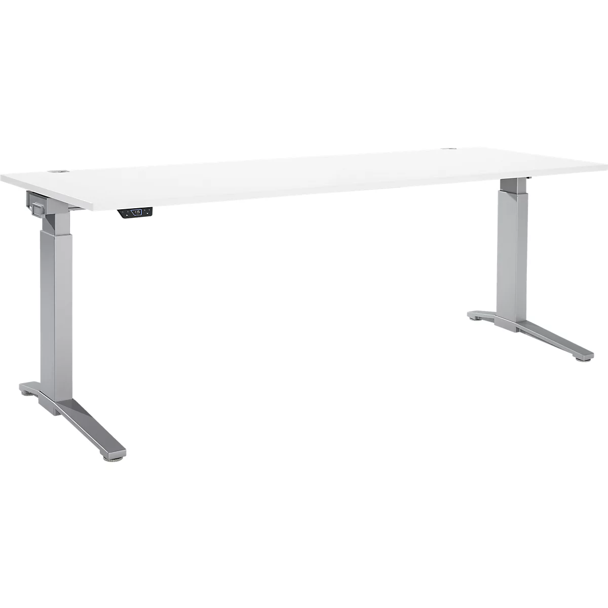 A white, height-adjustable desk with silver legs against a white background.