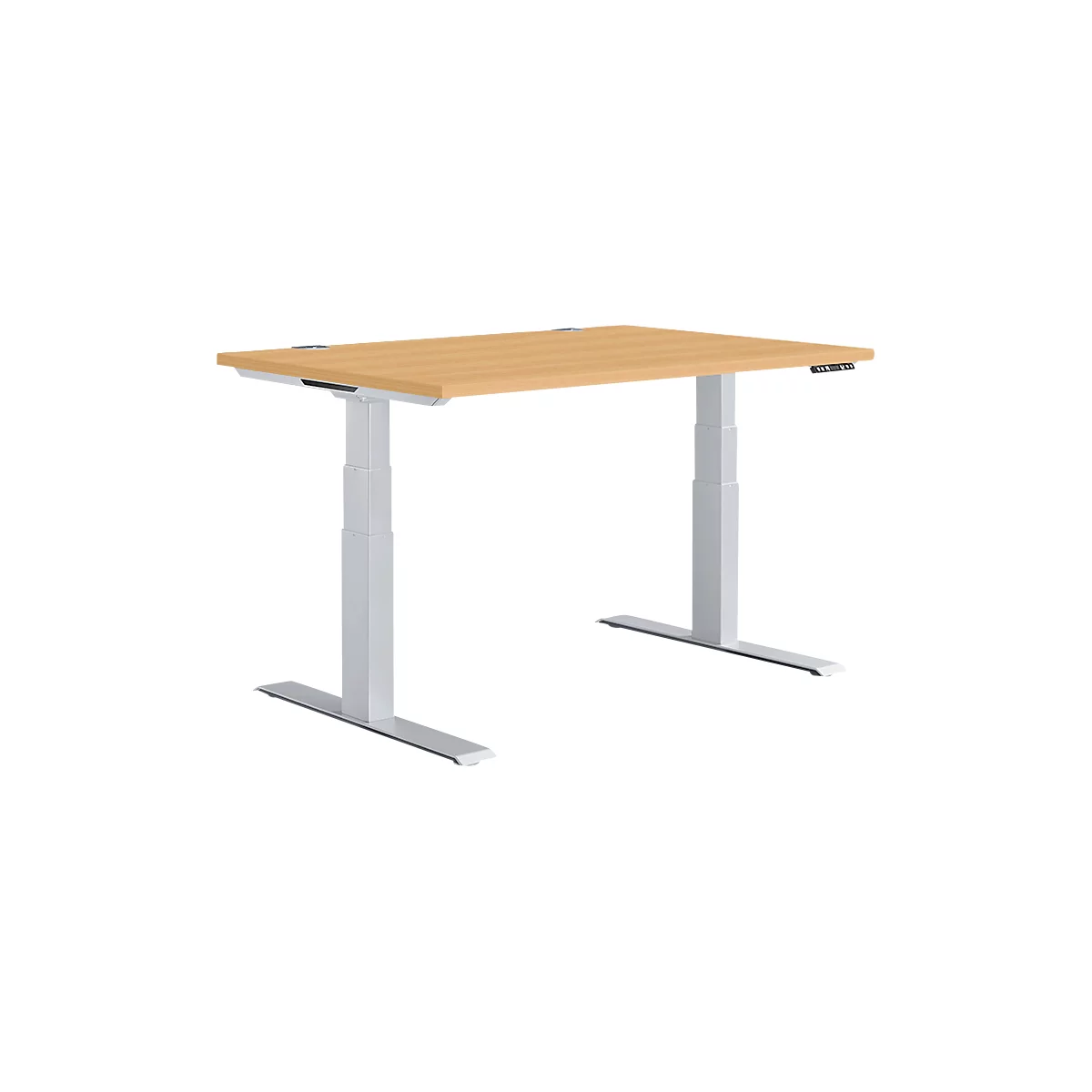 A height-adjustable desk with a light brown tabletop and silver legs.