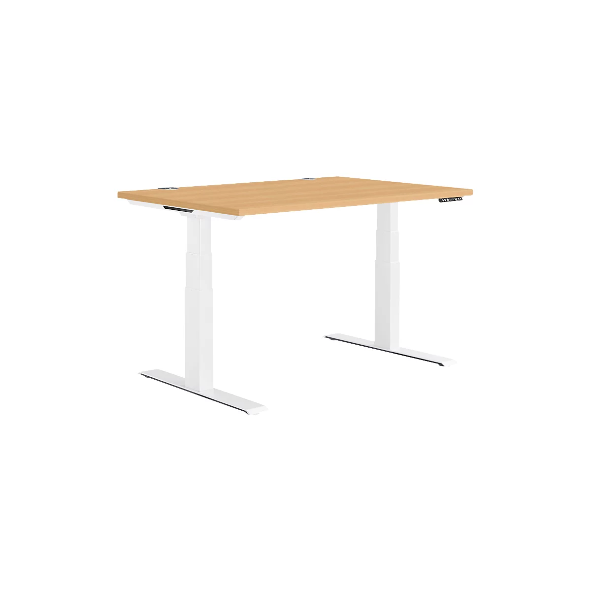 A height-adjustable desk with a light wooden top and a white frame. There is a control panel on the right side.