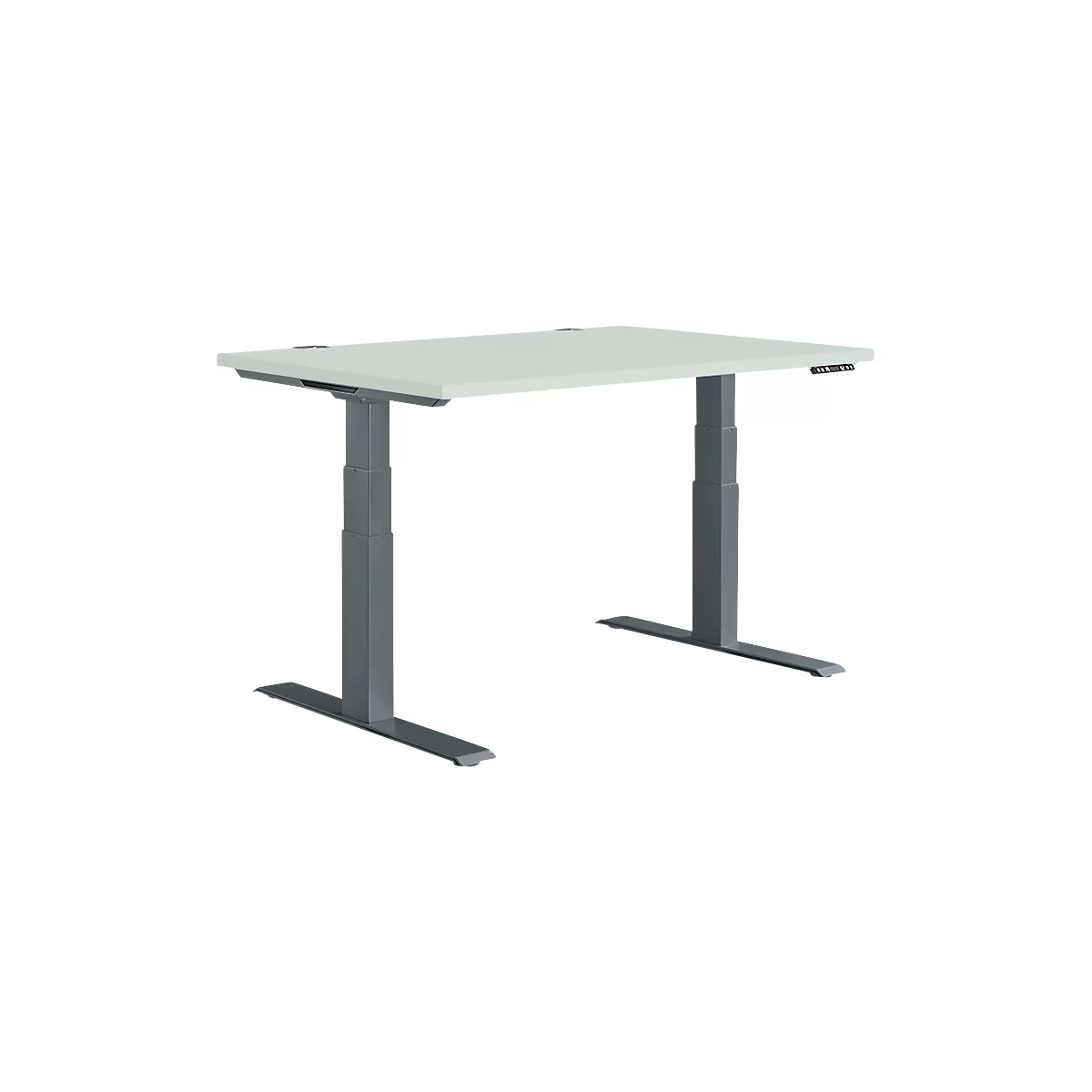 Light gray height-adjustable desk with two gray pillars. There is a control panel with buttons above.