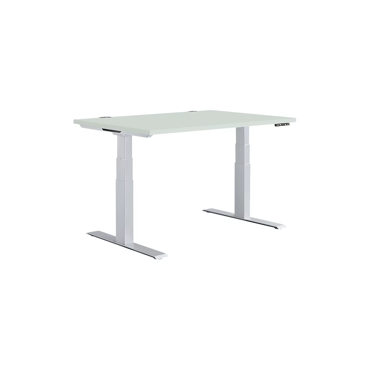 An adjustable height desk against a white backdrop. The tabletop is light gray, and the legs and frame are silver.