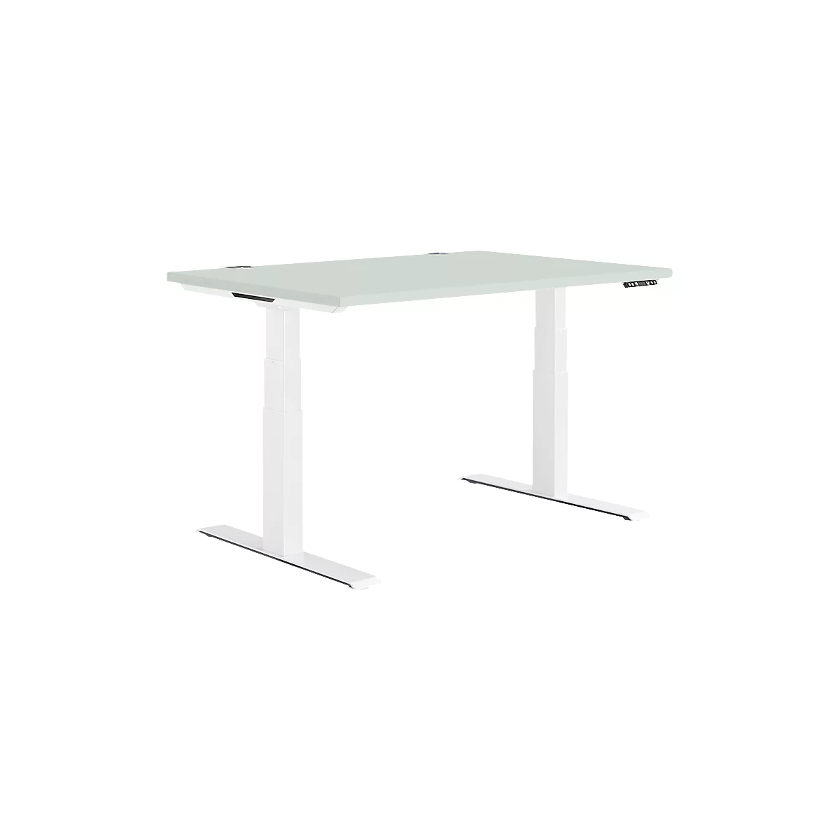 A white height-adjustable desk against a white background.