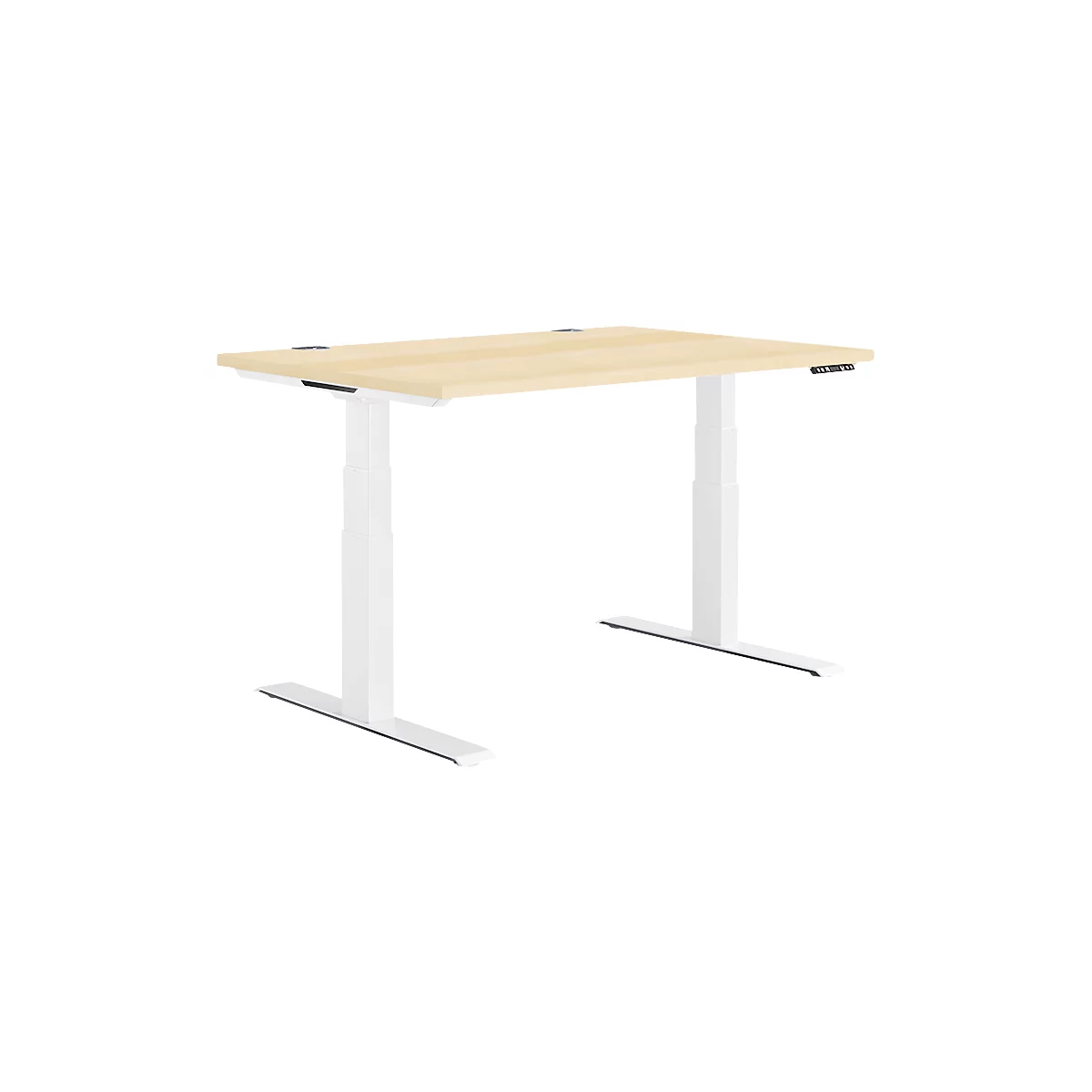 A height-adjustable desk with a light brown tabletop and white frame.