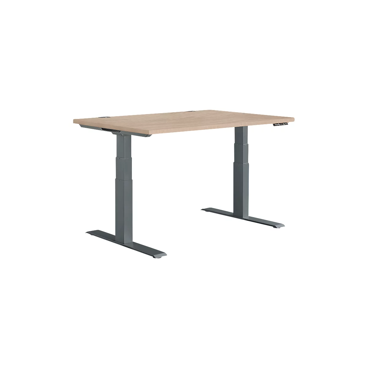 Light-colored desk with gray legs, front view.