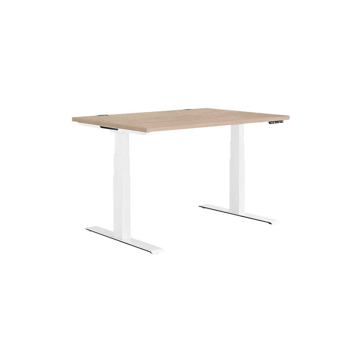 Light brown height-adjustable desk with a white frame.