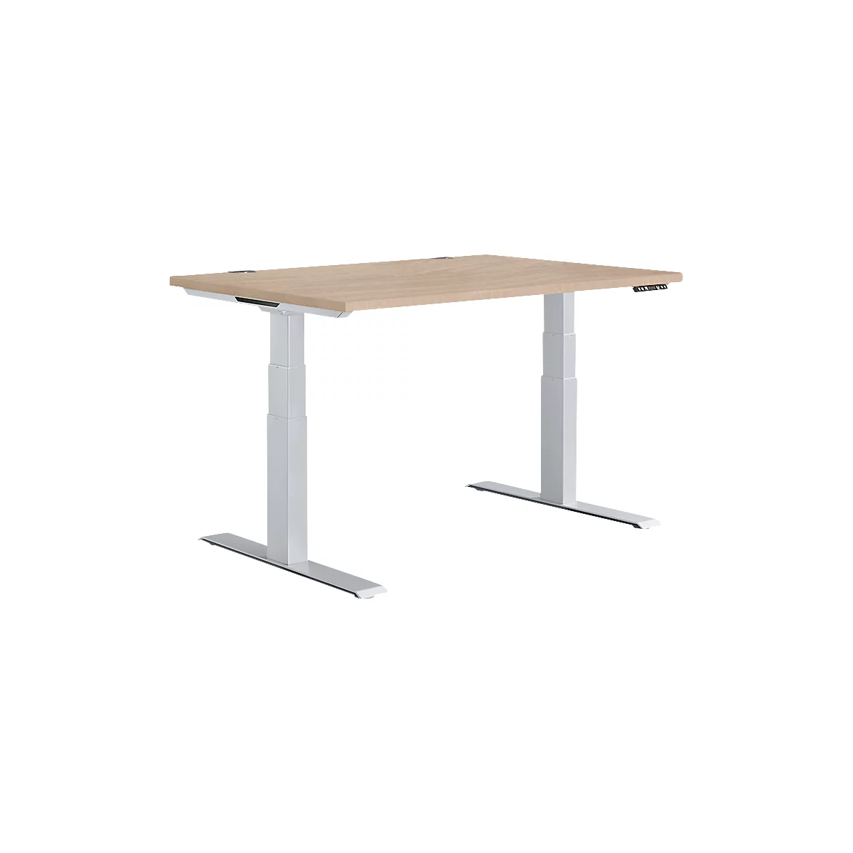 A height-adjustable desk with a light brown tabletop and white legs.