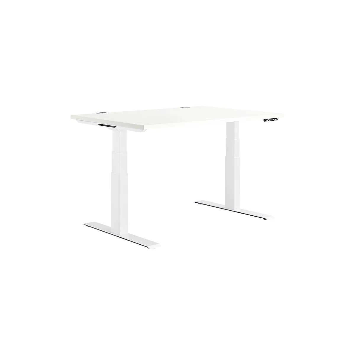 A white, height-adjustable desk with a rectangular tabletop and two legs. Controls on the right side.
