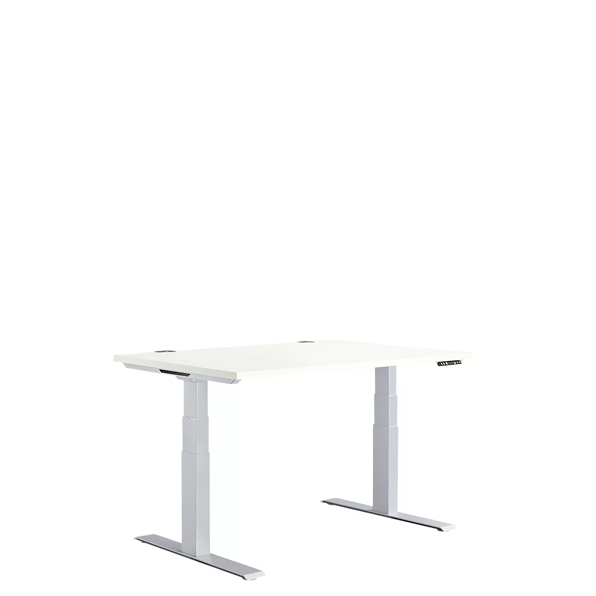 White, height-adjustable desk on grey base. The table stands against a white background.