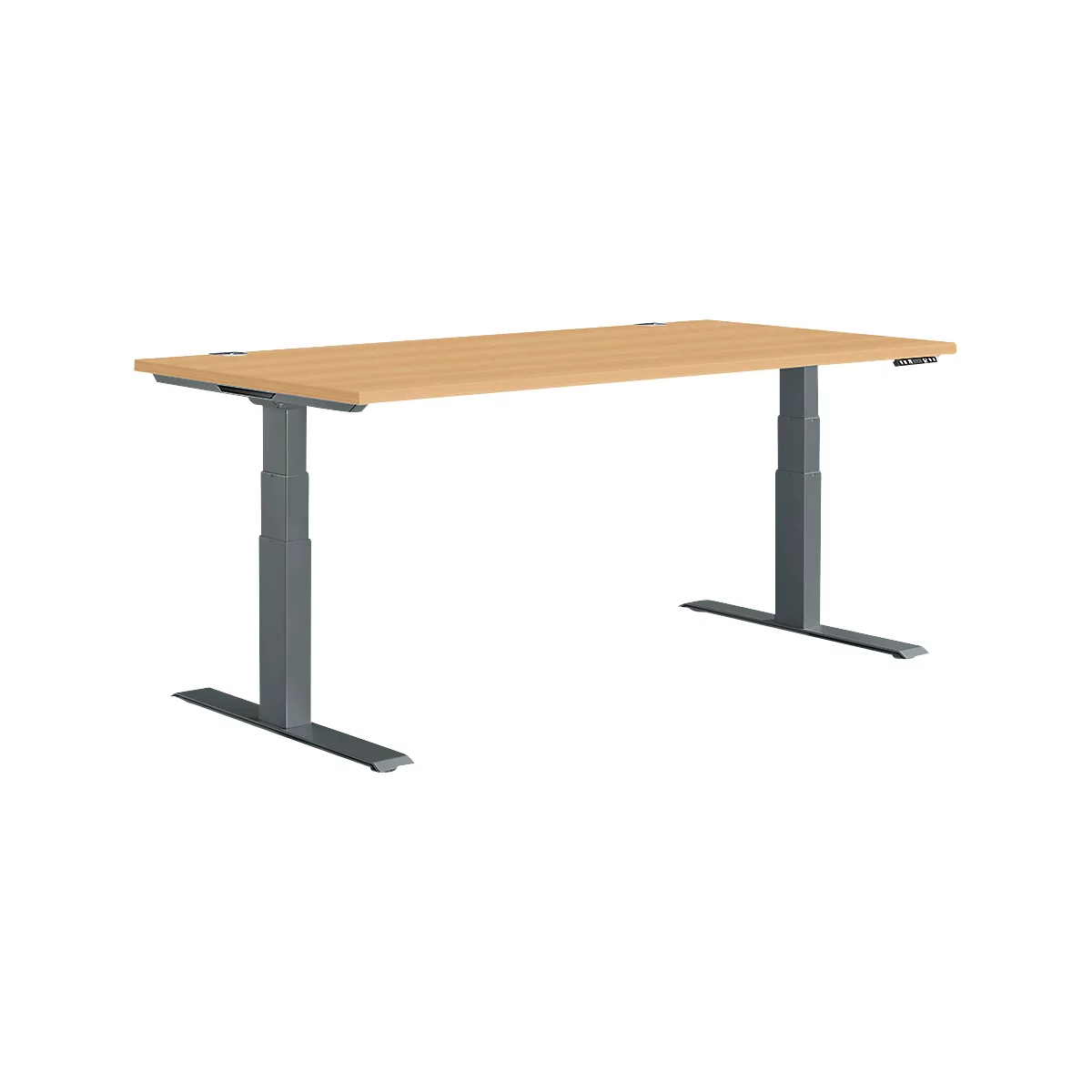 A height-adjustable desk with a light brown tabletop and grey metal legs.