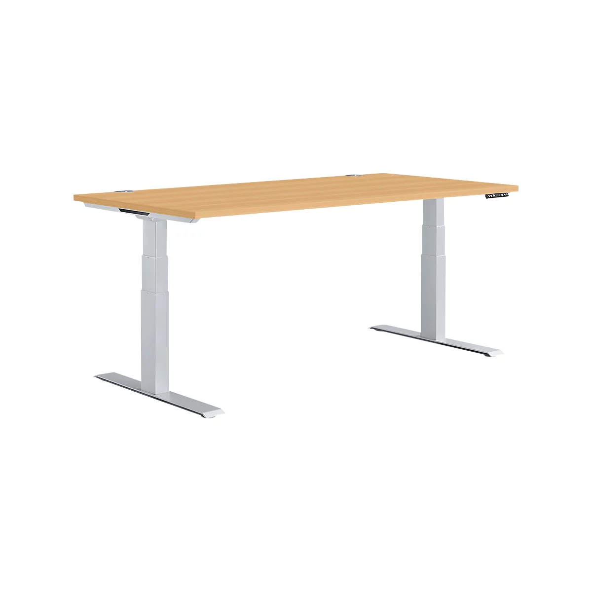 Light brown height-adjustable desk with white legs, rectangular tabletop, light grey base. Controls on the right side.