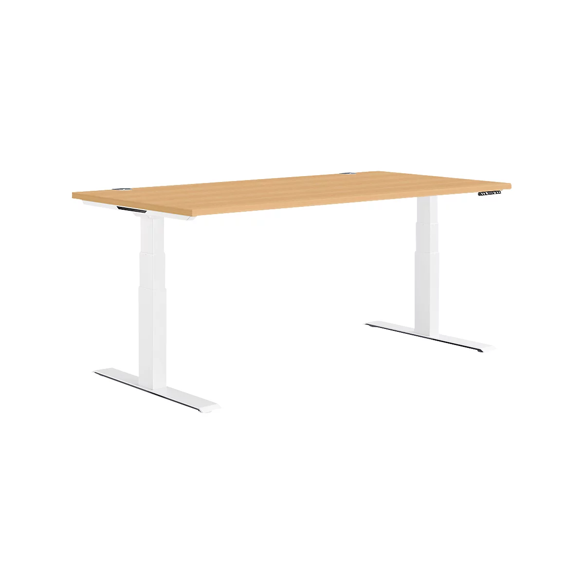 Beige wooden desk with a white base. It is height adjustable.