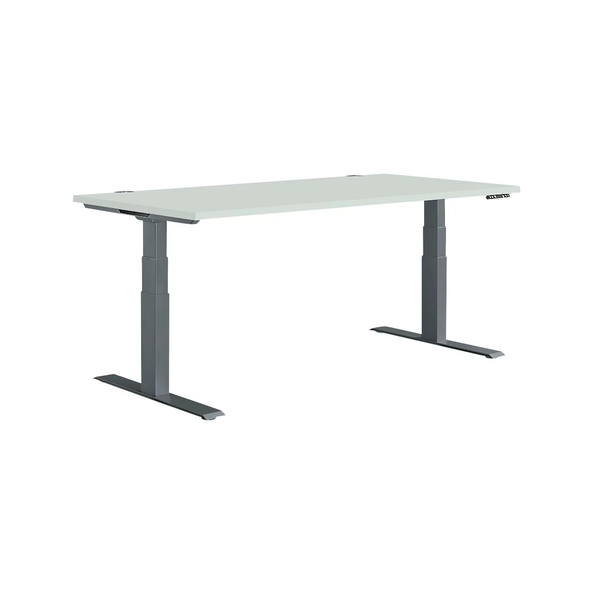 A white, height-adjustable desk with gray legs. The table frame and top form a rectangle, which can be adjusted in height.