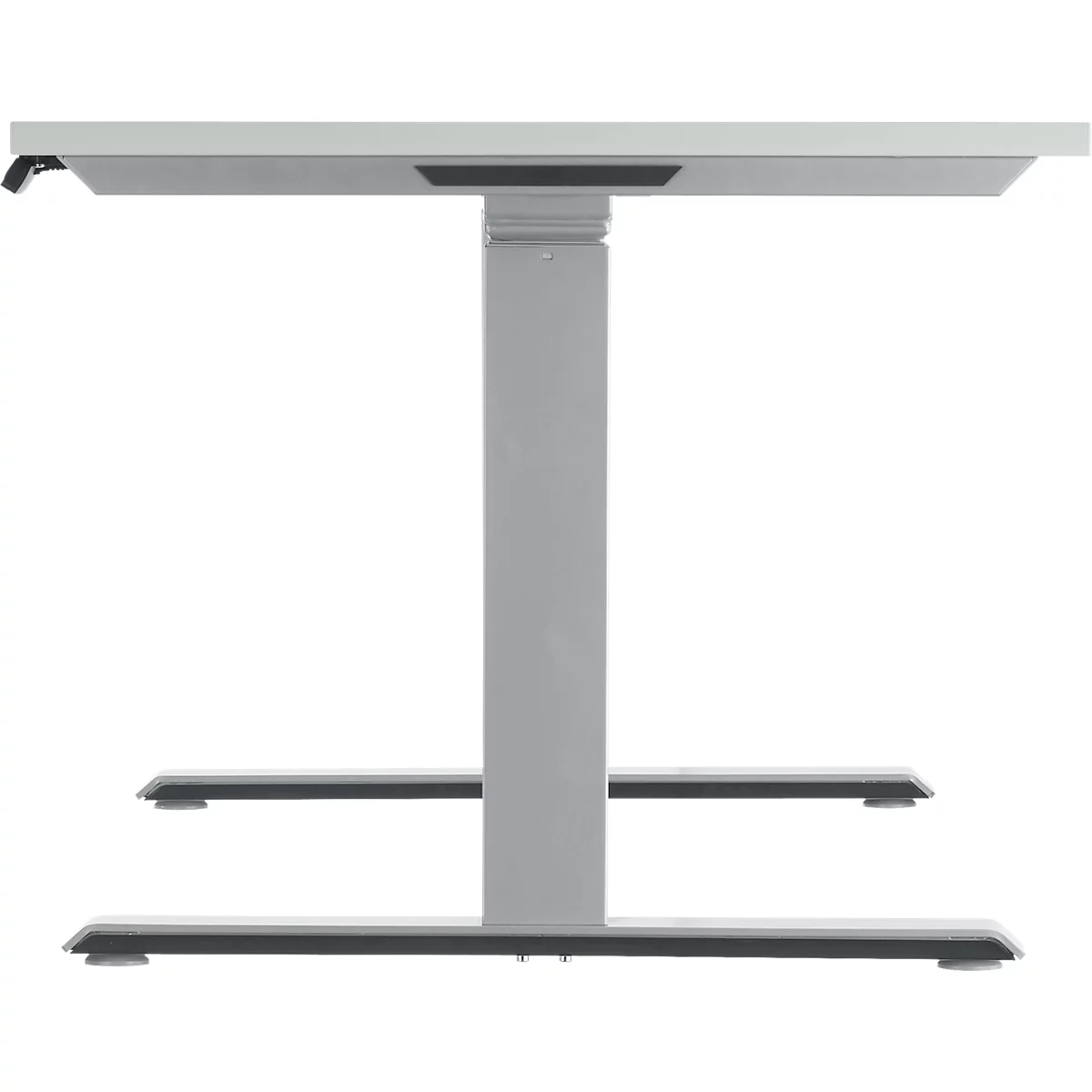 A height-adjustable desk with gray metal legs and a white tabletop. The legs have a rectangular shape and extend to the floor.