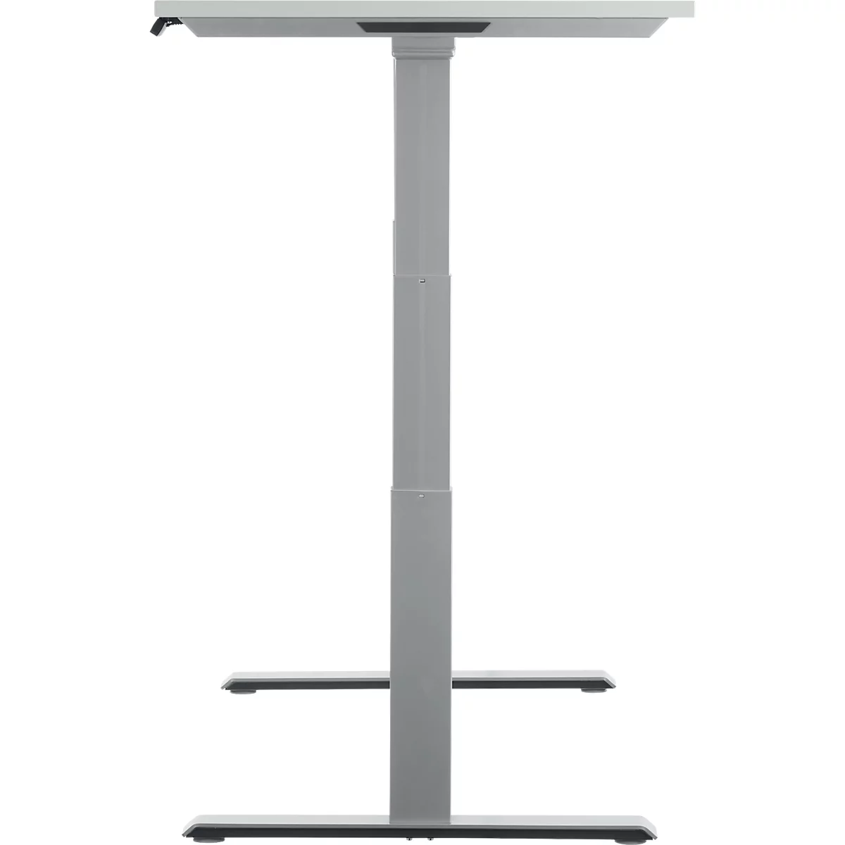 Gray height-adjustable desk, white table top, details of the construction.