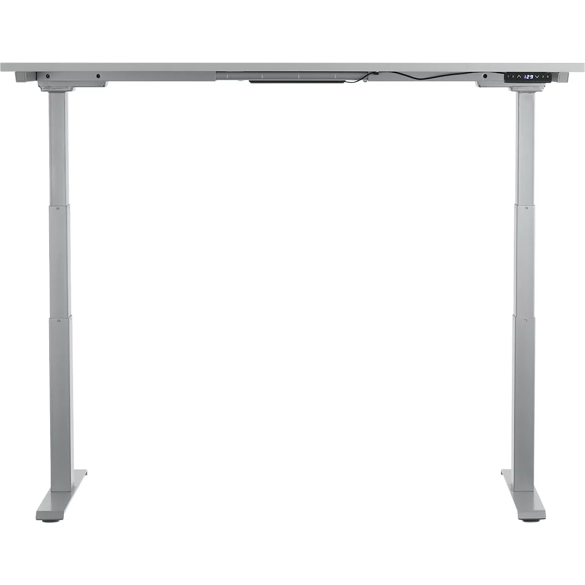 A height-adjustable desk in gray with a digital display.