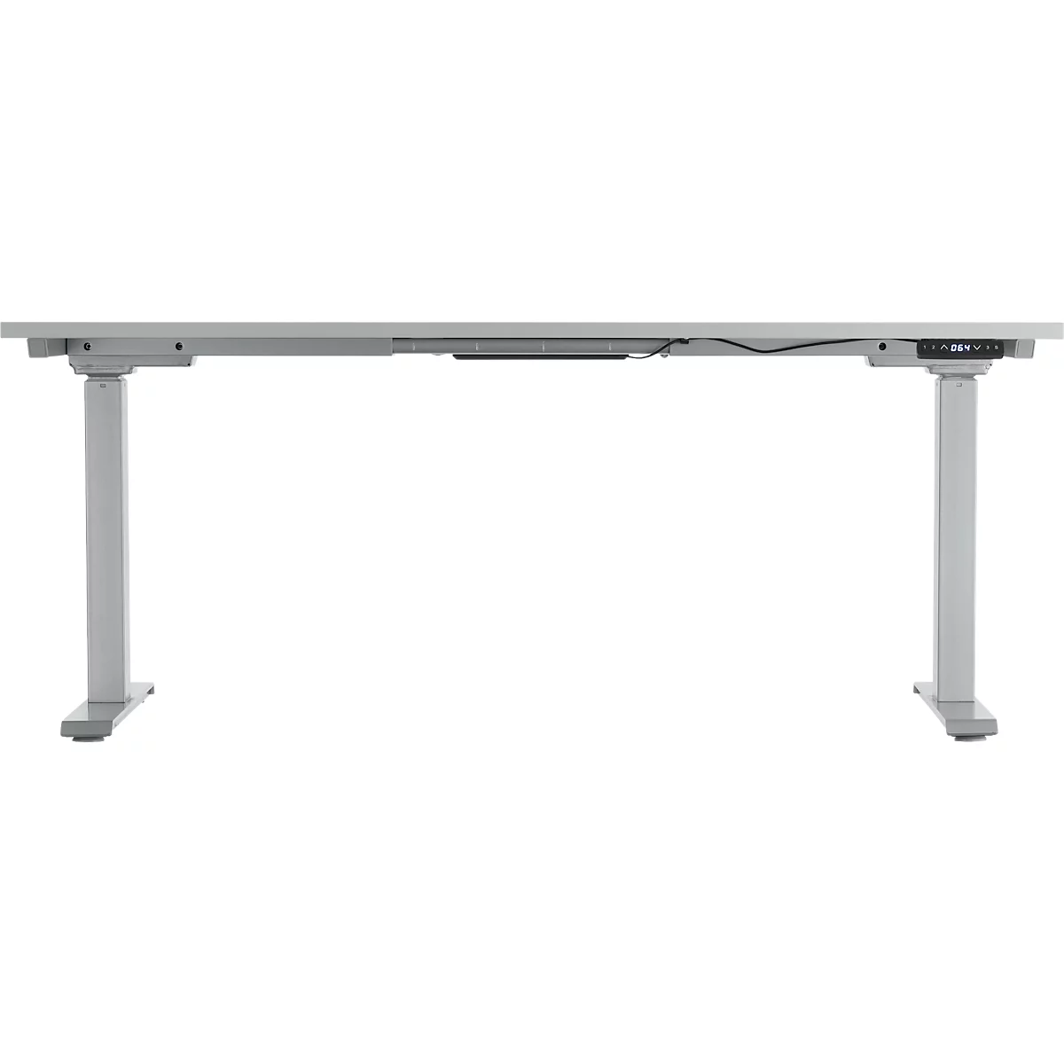 A white, height-adjustable desk with two legs. There is a control panel on the front for height adjustment.